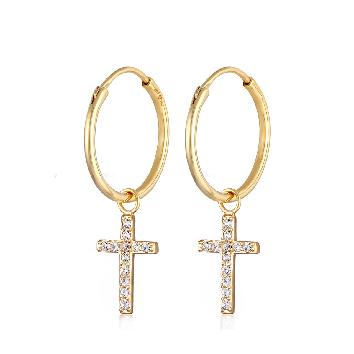 Gold - Elli | Creolen Anhänger Kreuz | Mit Kristallen von Swarovski® (Weiß) | 925er Sterling Silber Vergoldet