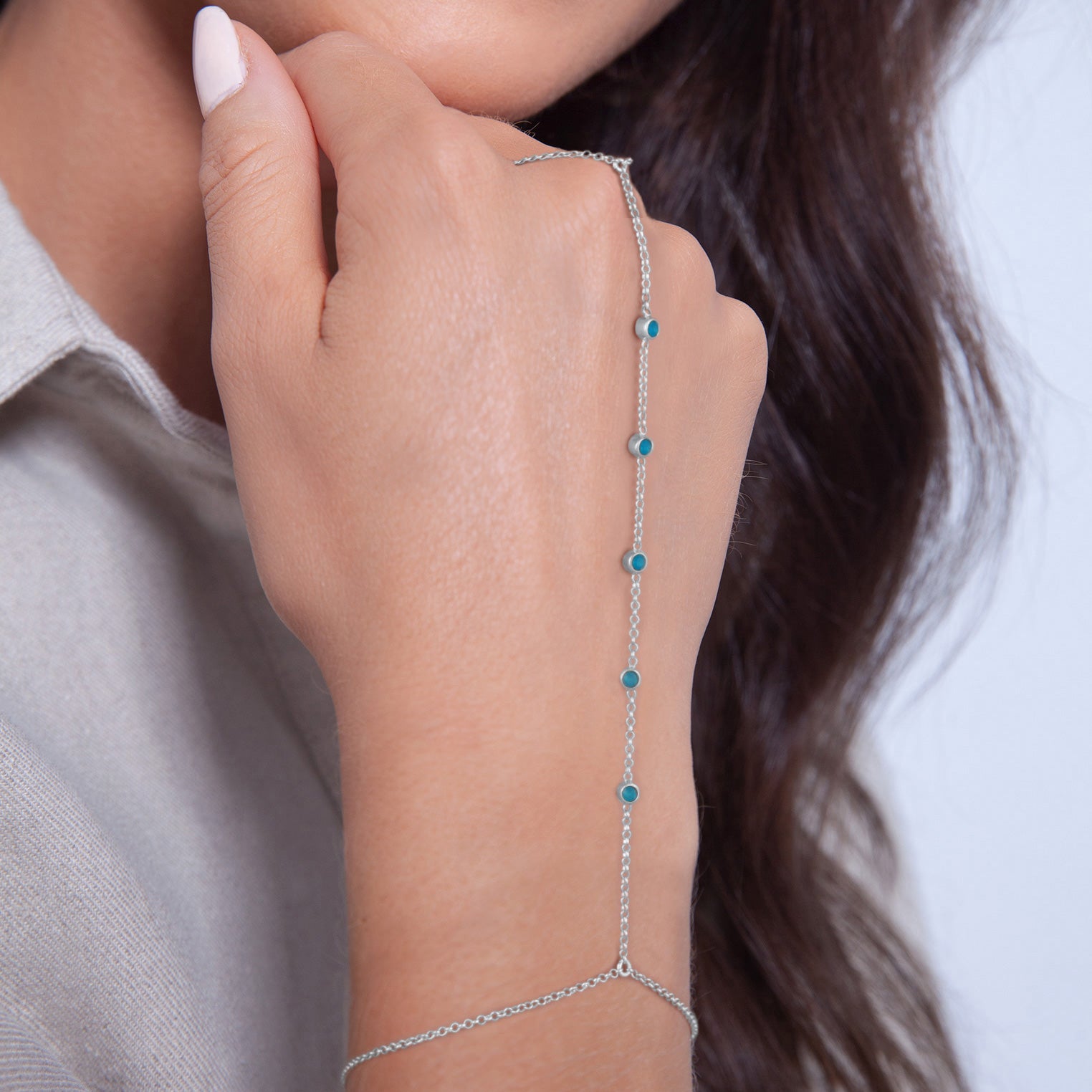 Blau - Elli | Armband Handchain | Kristalle (Grün) | 925er Sterling Silber
