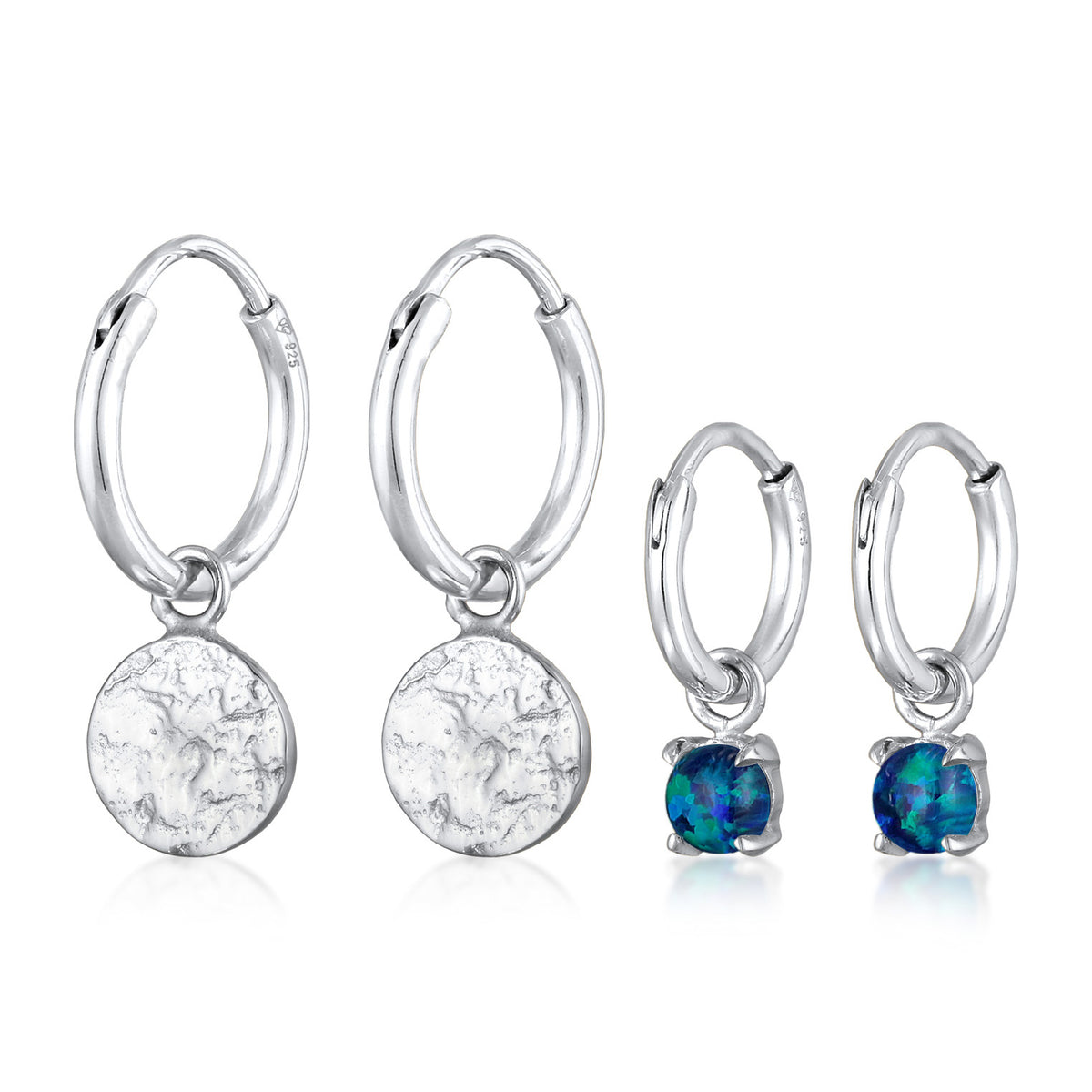 Silber - Elli | Creolen Set Plättchen |Synt. Opal (blau) |925er Sterling Silber