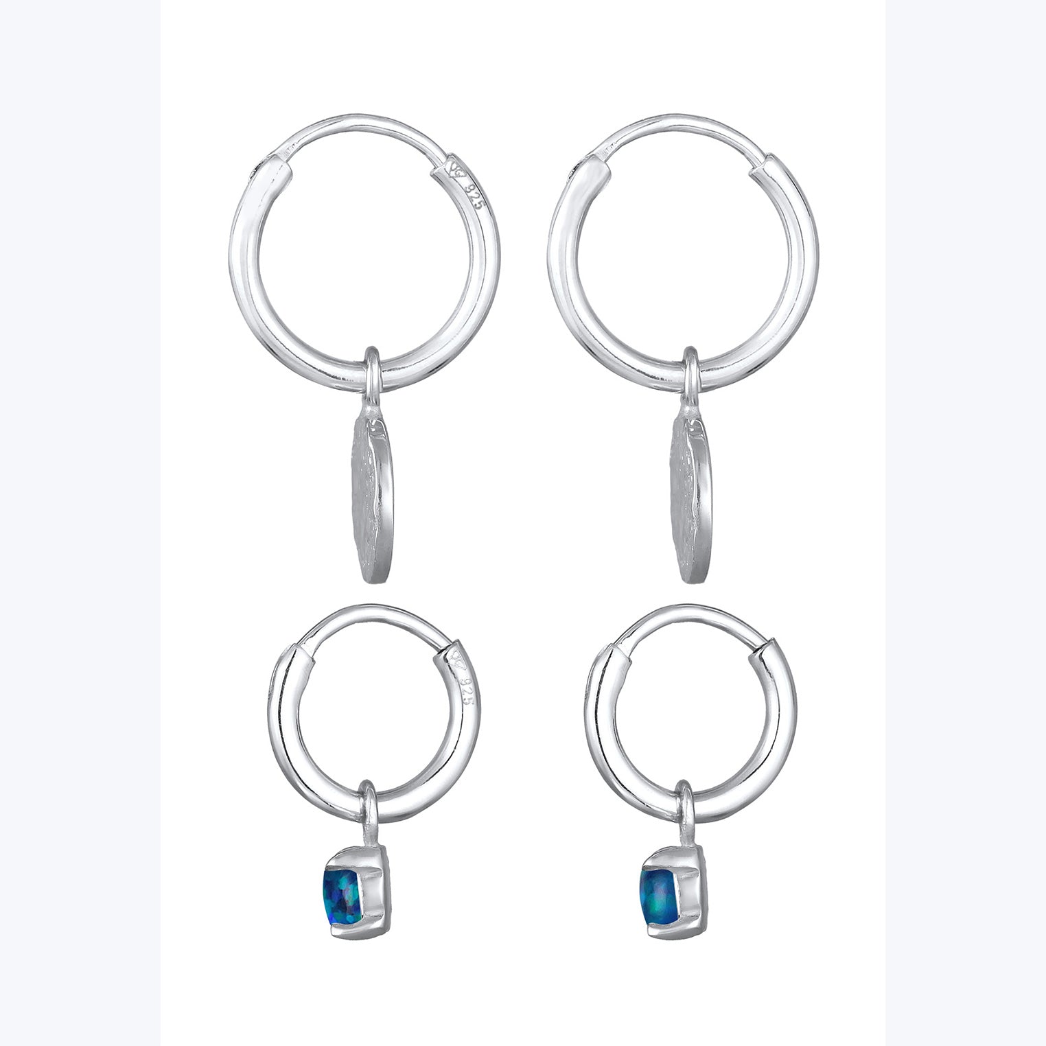 Silber - Elli | Creolen Set Plättchen |Synt. Opal (blau) |925er Sterling Silber