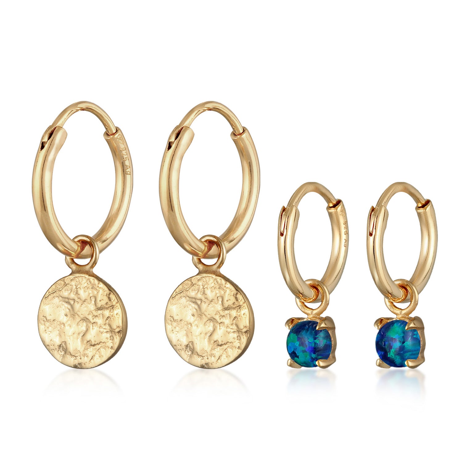 Gold - Elli | Creolen Set Plättchen |Synt. Opal (blau) |925er Sterling Silber vergoldet