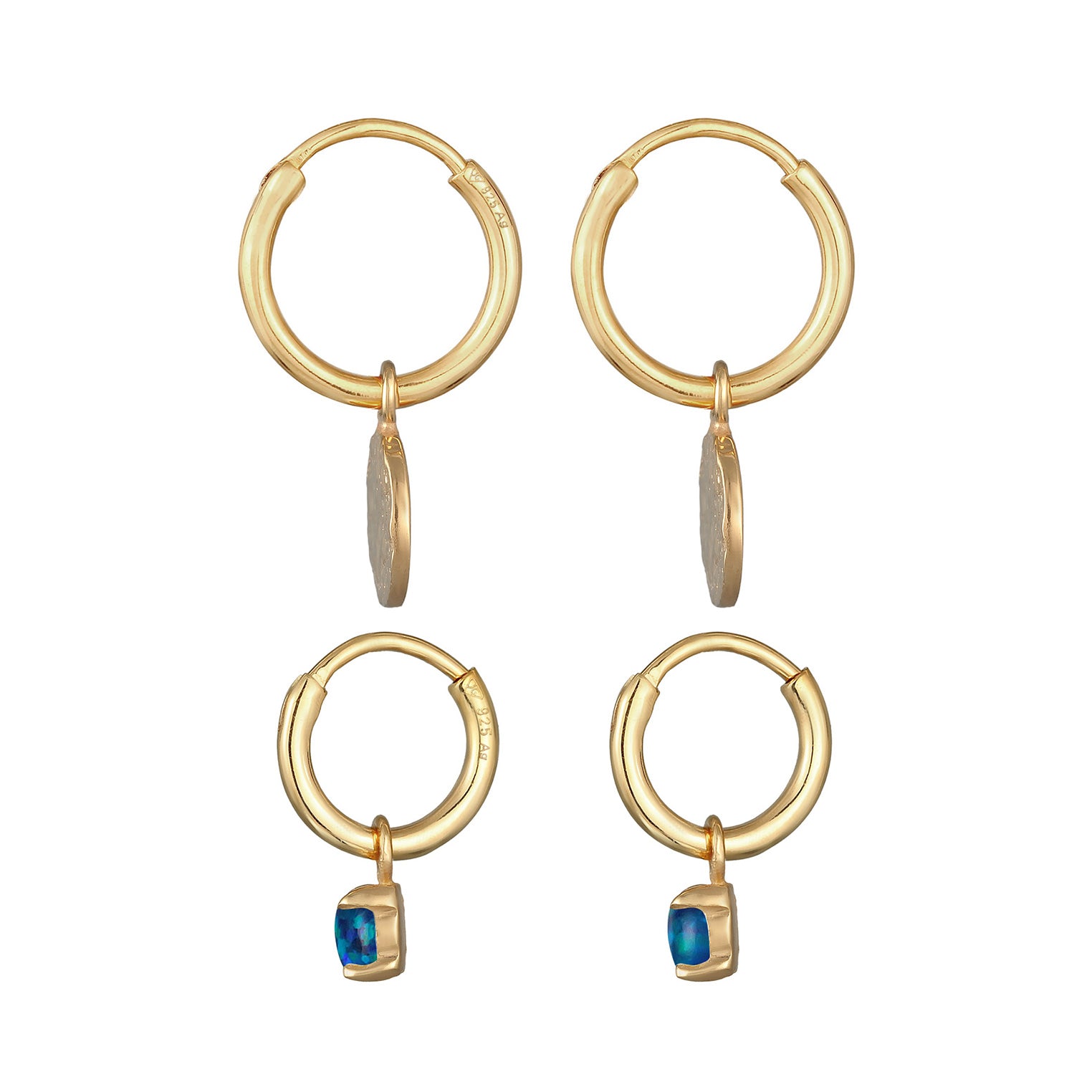 Gold - Elli | Creolen Set Plättchen |Synt. Opal (blau) |925er Sterling Silber vergoldet