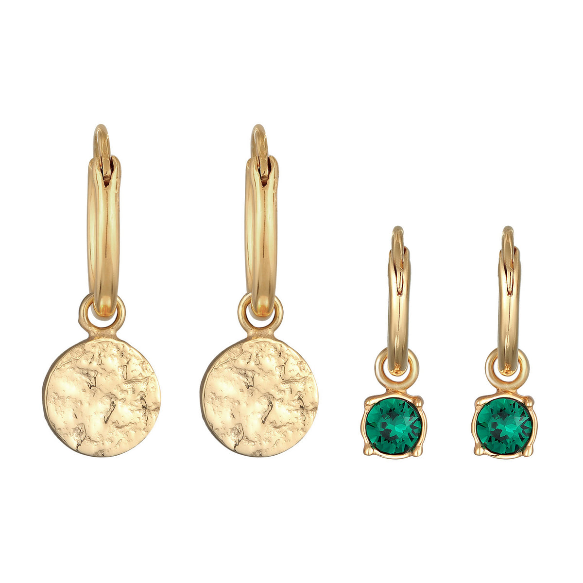 Gold - Elli | Creolen Set Plättchen |Synt. Kristall  (grün) |925er Sterling Silber vergoldet