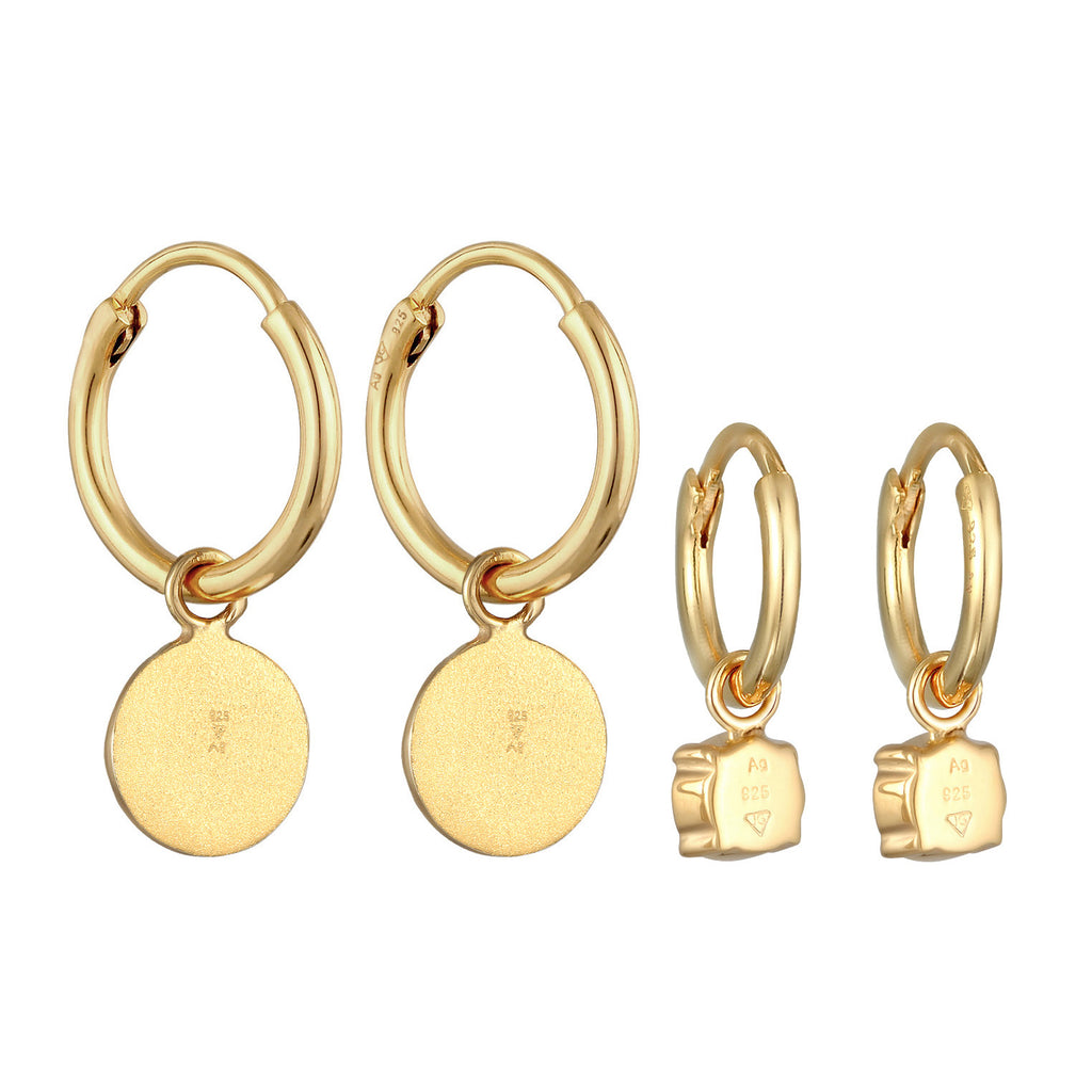Gold - Elli | Creolen Set Plättchen |Synt. Kristall  (grün) |925er Sterling Silber vergoldet
