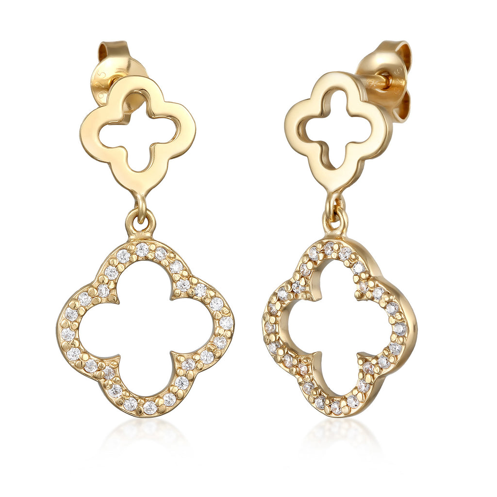 Gold - Elli | Ohrstecker Kleeblatt | Zirkonia (Weiß) | 925 Sterling Silber vergoldet