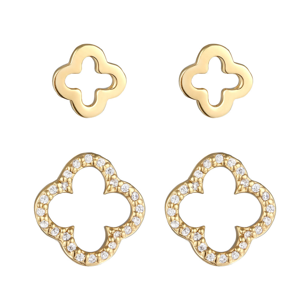 Gold - Elli | Ohrstecker Set Kleeblatt | Zirkonia (Weiß) | 925 Sterling Silber vergoldet