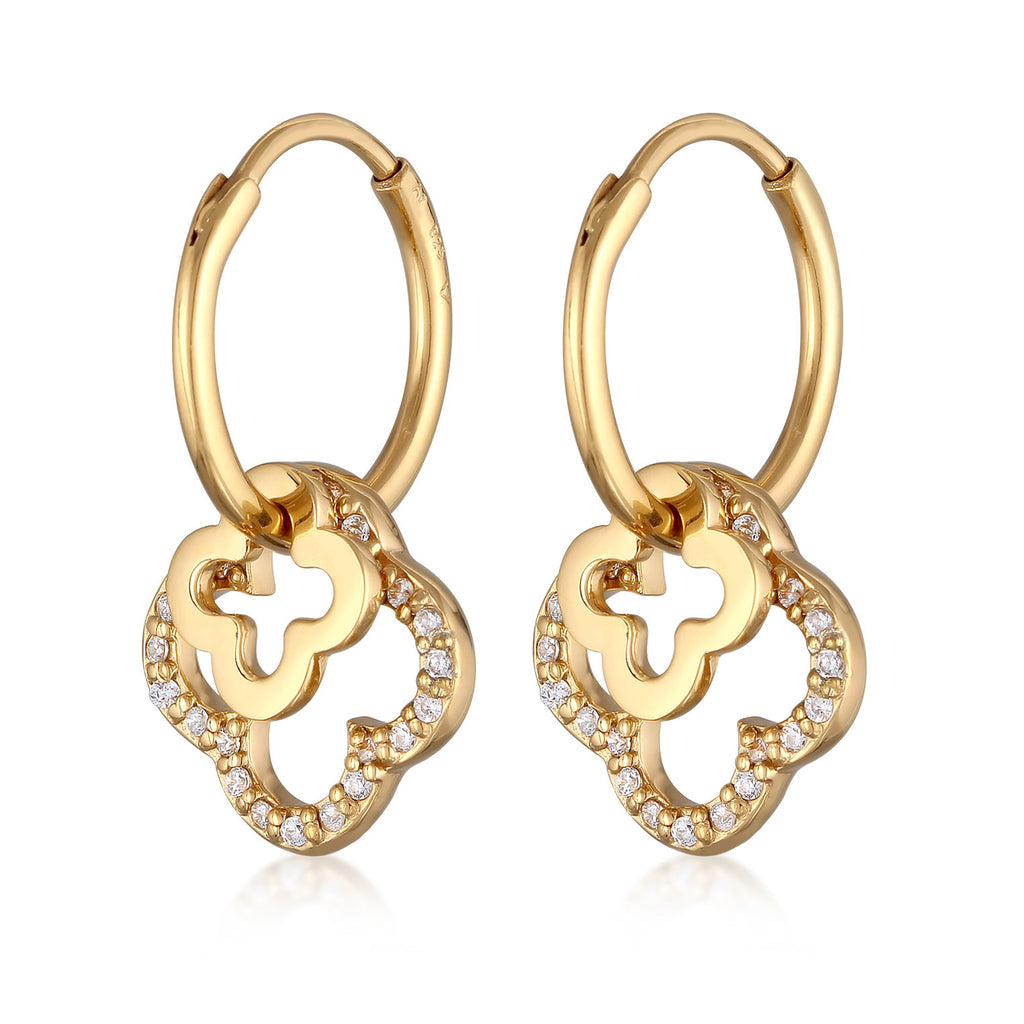 Gold - Elli | Creolen Kleeblatt | Zirkonia (Weiß) | 925 Sterling Silber