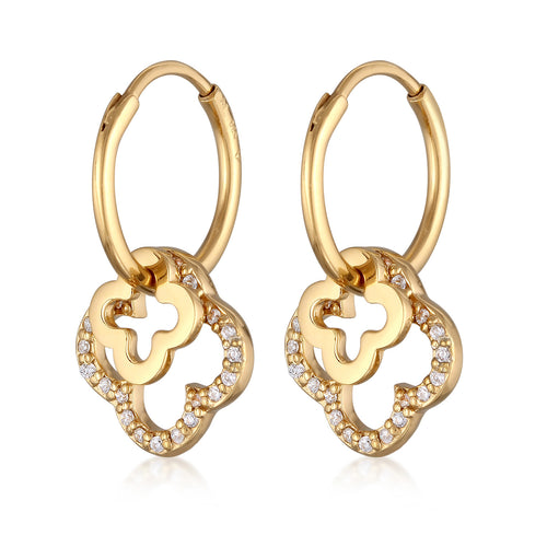 Gold - Elli | Creolen Kleeblatt | Zirkonia (Weiß) | 925 Sterling Silber