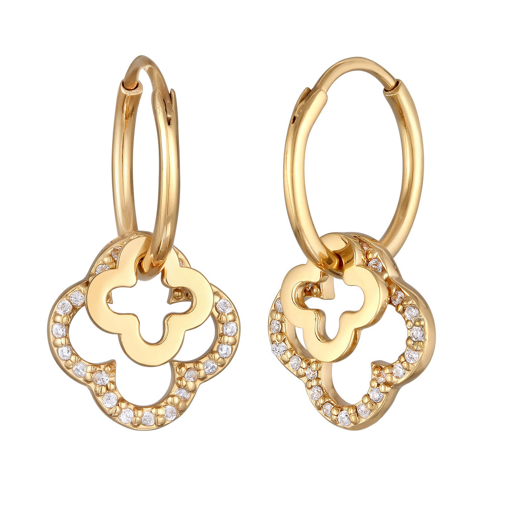 Gold - Elli | Creolen Kleeblatt | Zirkonia (Weiß) | 925 Sterling Silber
