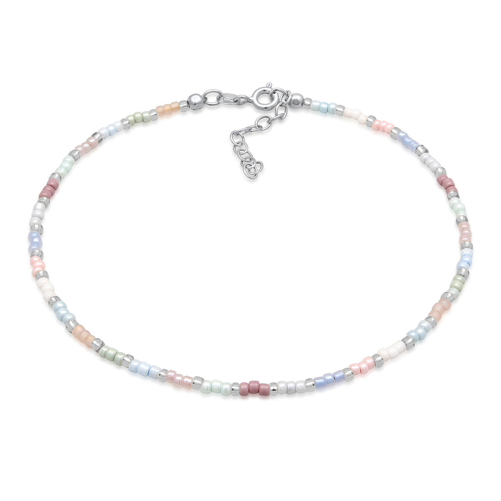 Silber - Elli | Fußkettchen Sommer | Glasperlen (Bunt) | 925 Sterling Silber