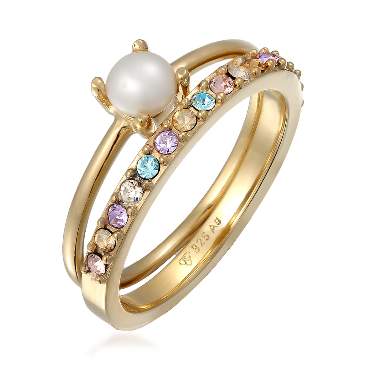 Gold - Elli | Ringset | Glaskristalle (Bunt) & Süßwasserzuchtperle | 925 Sterling Silber vergoldet