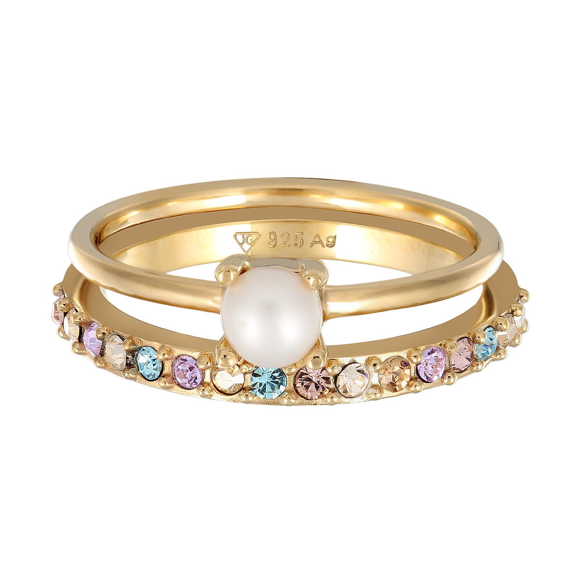Gold - Elli | Ringset | Glaskristalle (Bunt) & Süßwasserzuchtperle | 925 Sterling Silber vergoldet