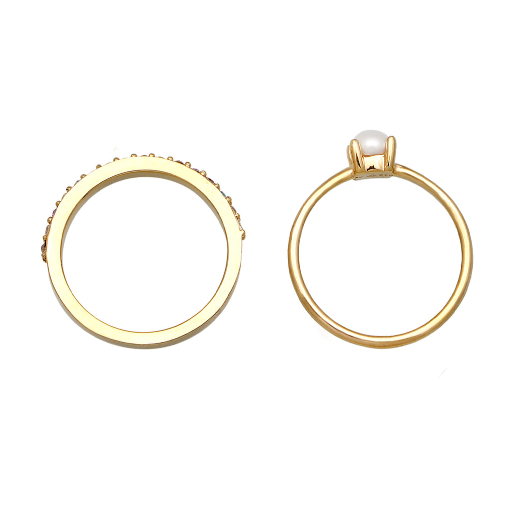 Gold - Elli | Ringset | Glaskristalle (Bunt) & Süßwasserzuchtperle | 925 Sterling Silber vergoldet