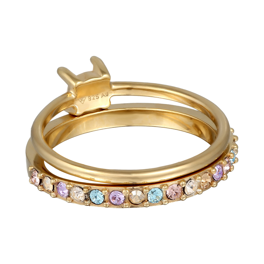Gold - Elli | Ringset | Glaskristalle (Bunt) & Süßwasserzuchtperle | 925 Sterling Silber vergoldet