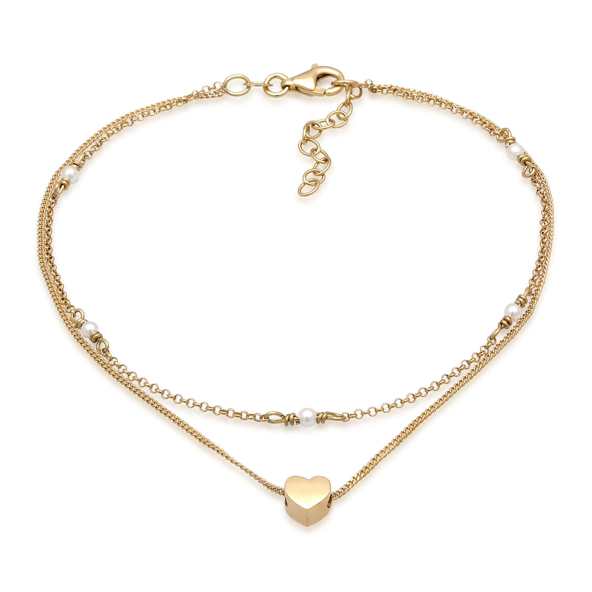 Gold - Elli | Layer-Fußkettchen Herz | Muschelkernperle | 925 Sterling Silber vergoldet
