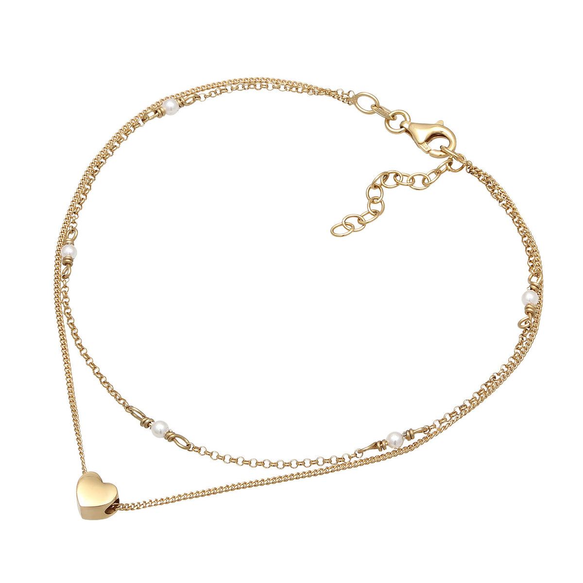 Gold - Elli | Layer-Fußkettchen Herz | Muschelkernperle | 925 Sterling Silber vergoldet