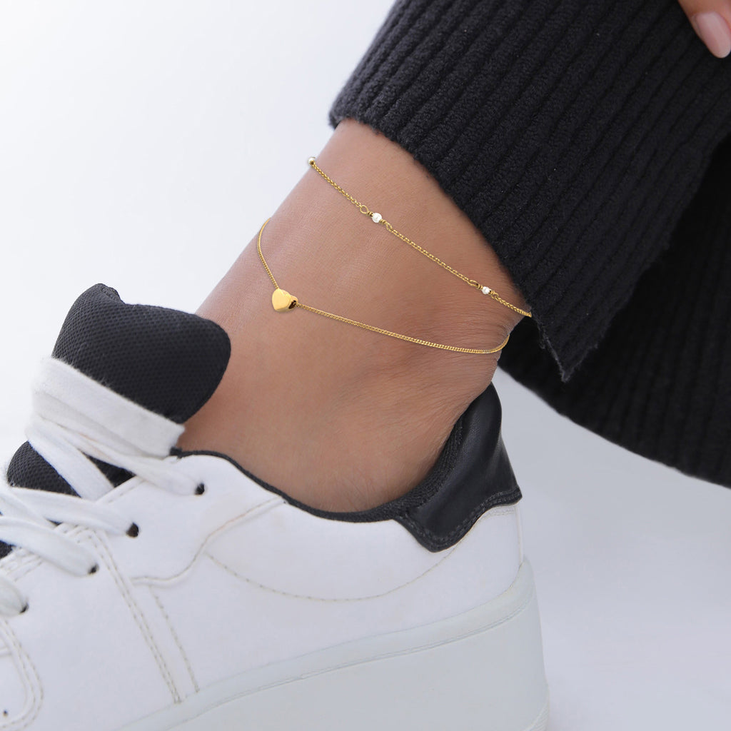 Gold - Elli | Layer-Fußkettchen Herz | Muschelkernperle | 925 Sterling Silber vergoldet