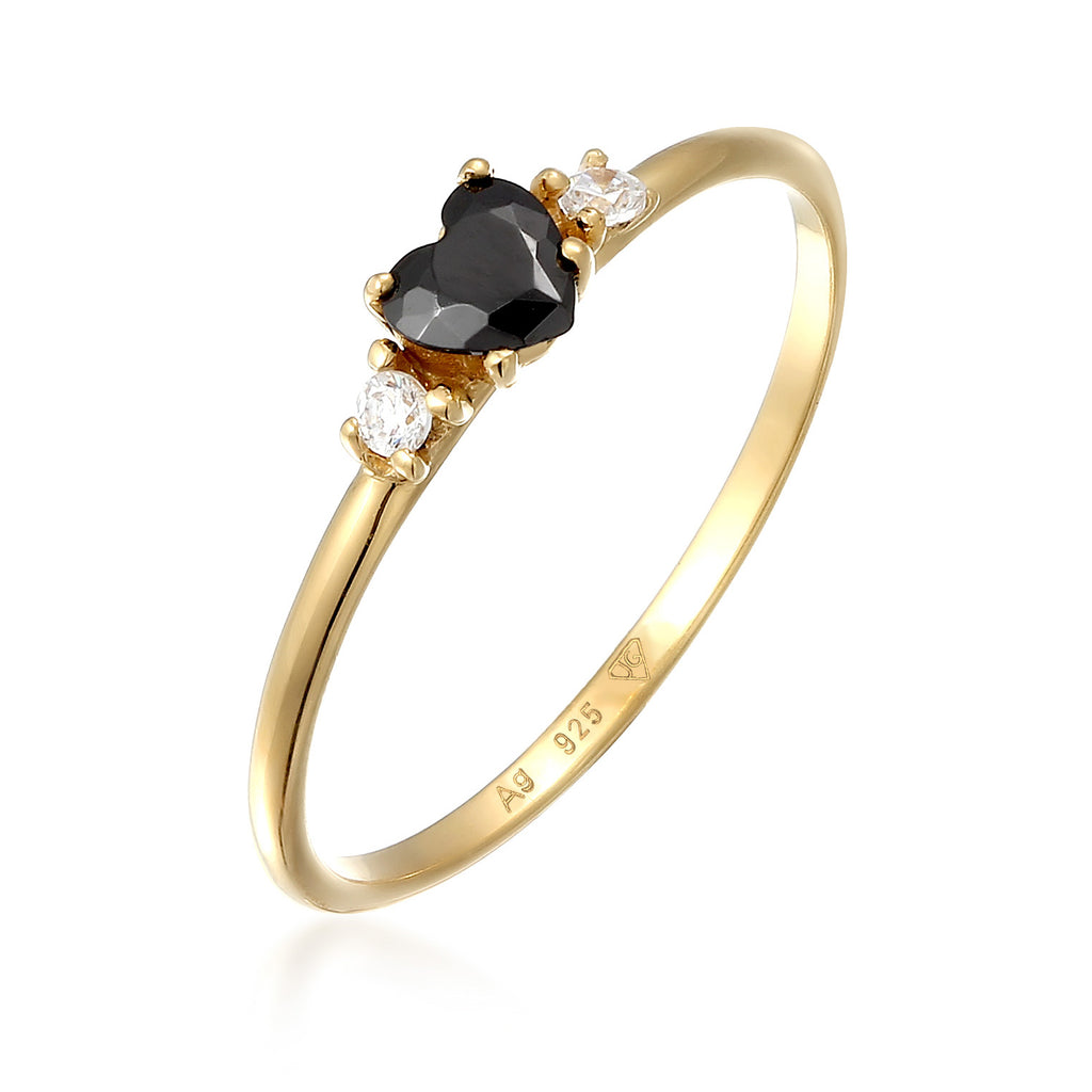 Gold - Elli | Ring Herz | Zirkonia (Schwarz) | 925 Sterling Silber vergoldet