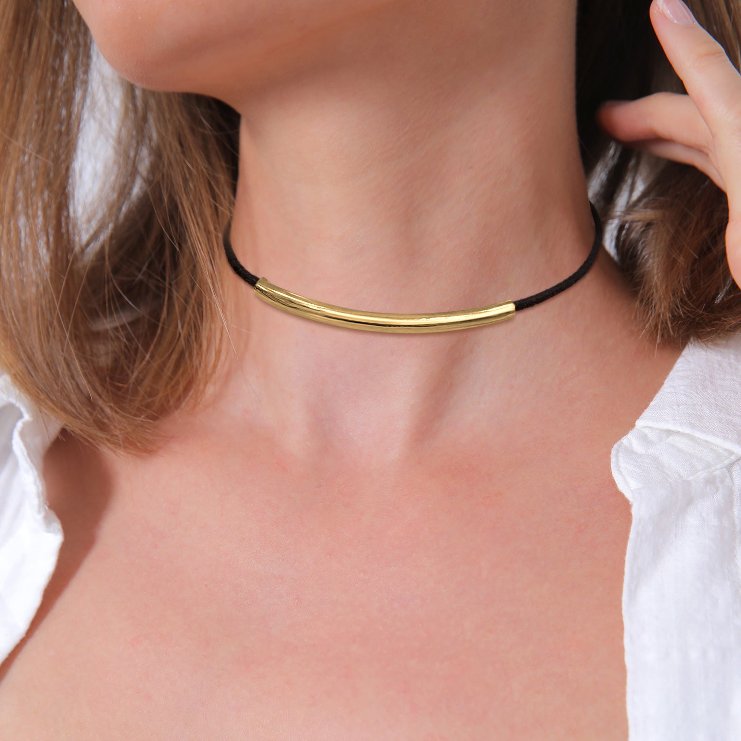 Gold - Elli | Choker | Synthetisches Leder (Schwarz) | 925 Sterling Silber vergoldet