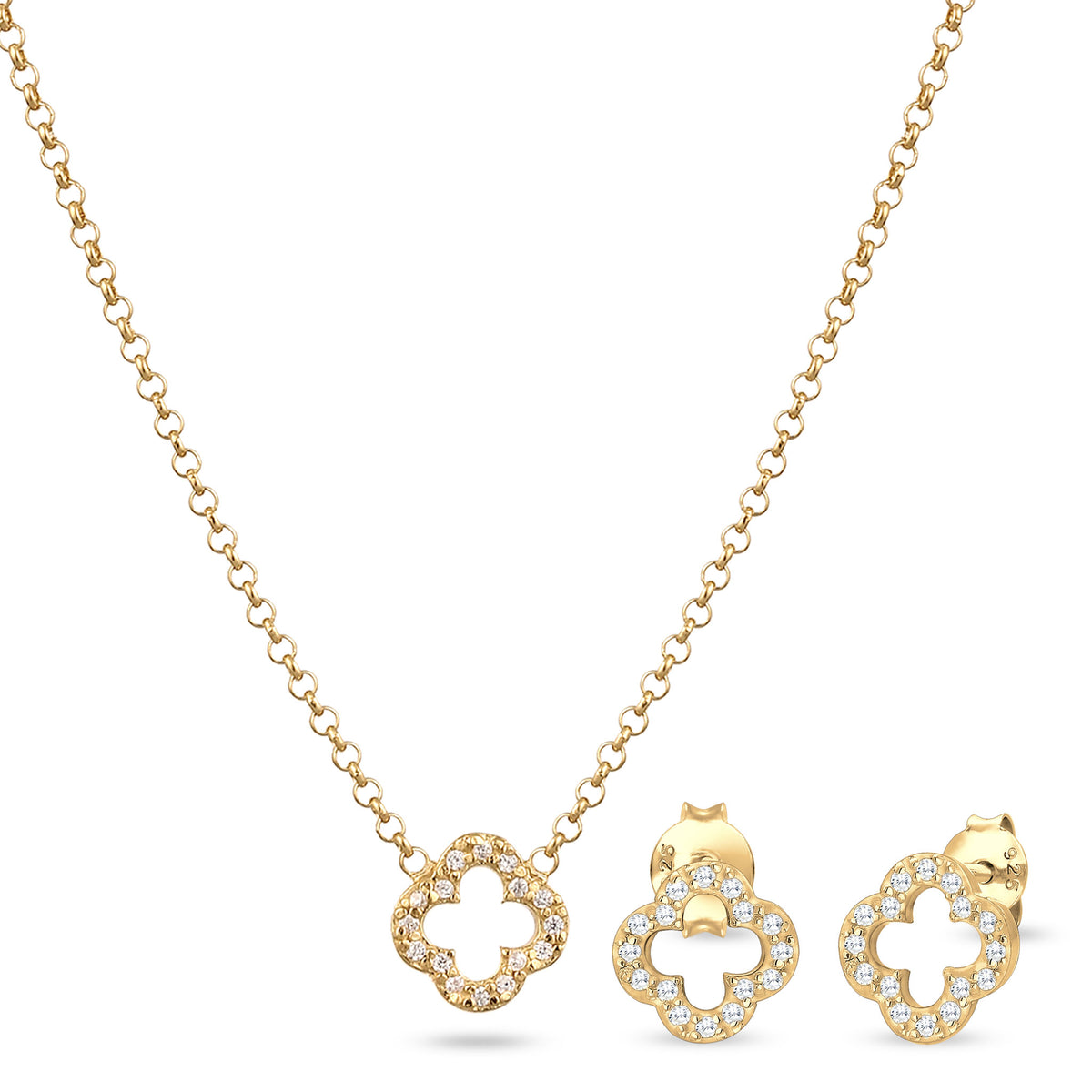 Pavé Clover stud earrings &amp; necklace jewelry set