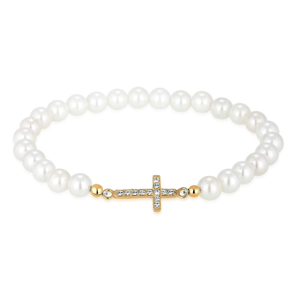Gold - Elli | Perlenarmband Kreuz | Kristalle (Weiß) & Muschelkernperlen | 925 Sterling Silber vergoldet