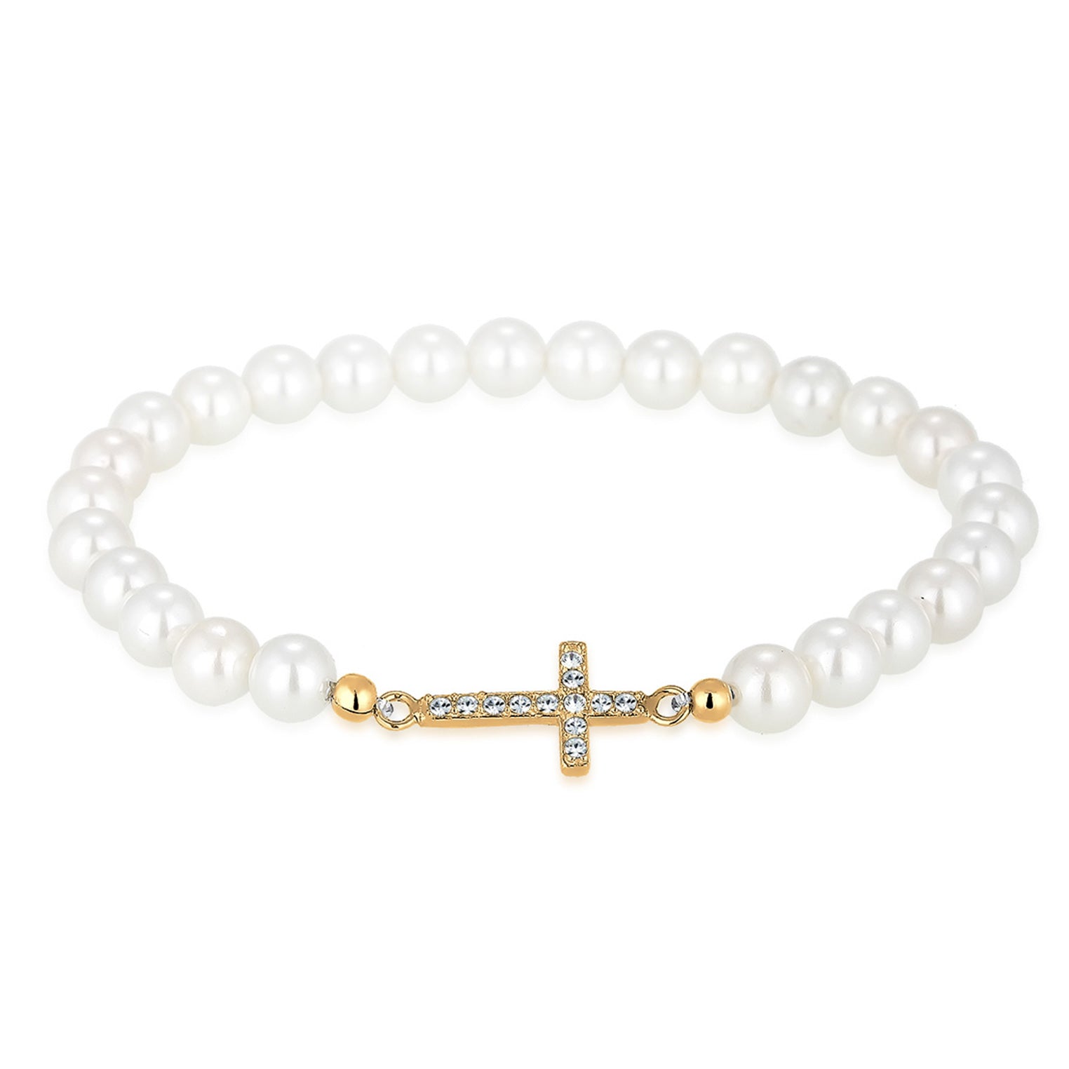 Gold - Elli | Perlenarmband Kreuz | Kristalle (Weiß) & Muschelkernperlen | 925 Sterling Silber vergoldet