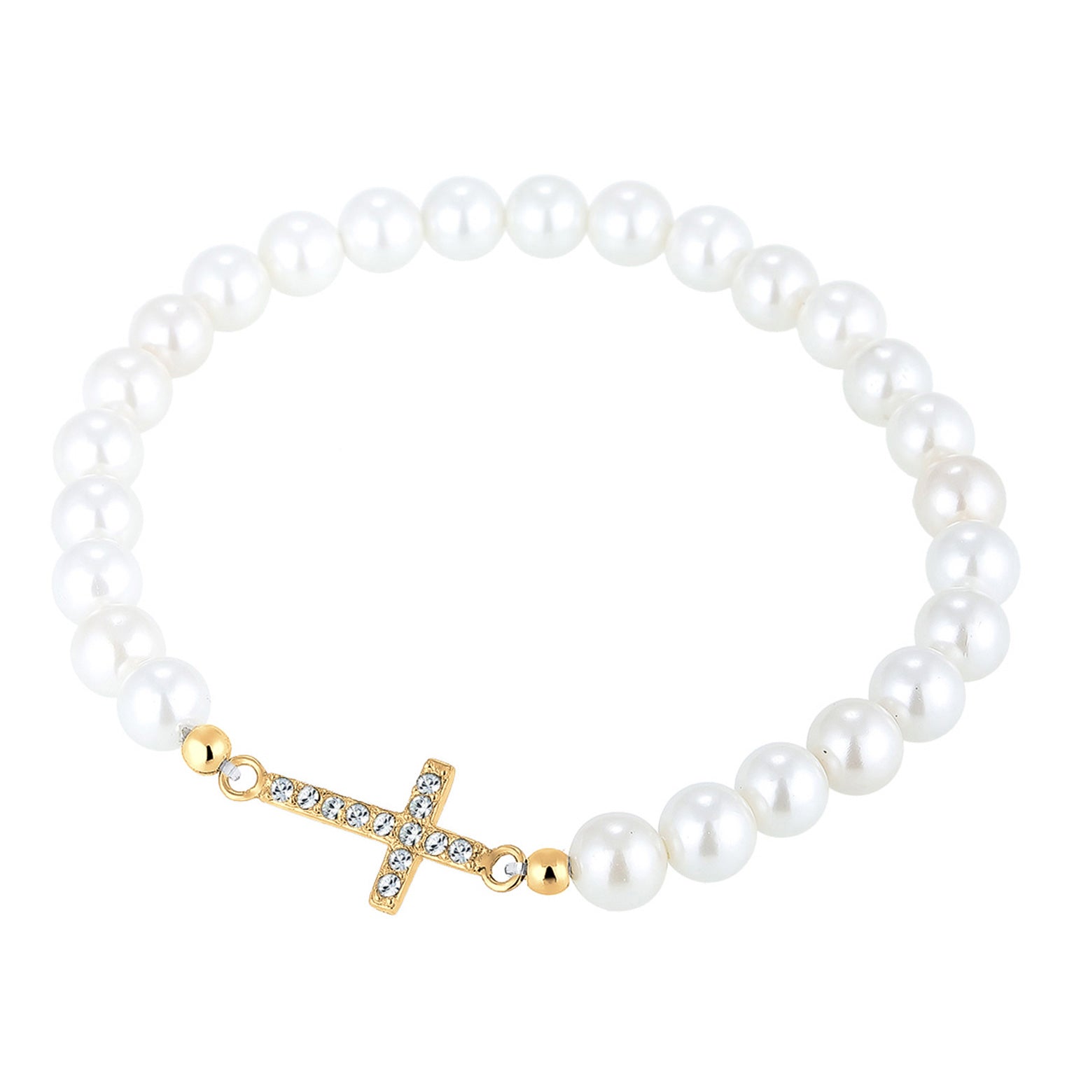 Gold - Elli | Perlenarmband Kreuz | Kristalle (Weiß) & Muschelkernperlen | 925 Sterling Silber vergoldet