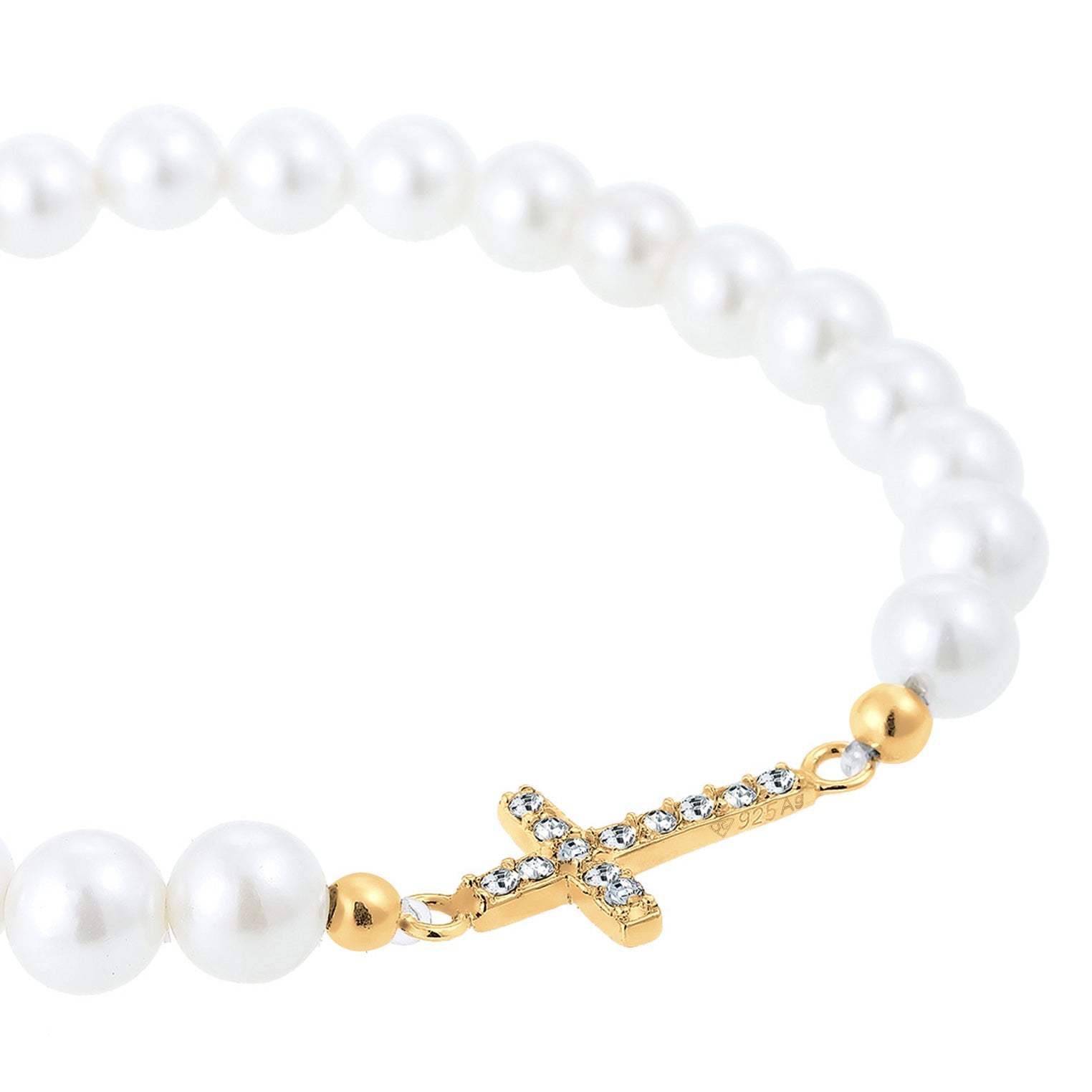 Gold - Elli | Perlenarmband Kreuz | Kristalle (Weiß) & Muschelkernperlen | 925 Sterling Silber vergoldet