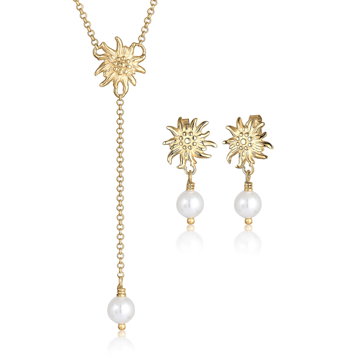 Gold - Elli | Schmuckset Edelweiss |  Muschelkernperlen | 925 Sterling Silber vergoldet