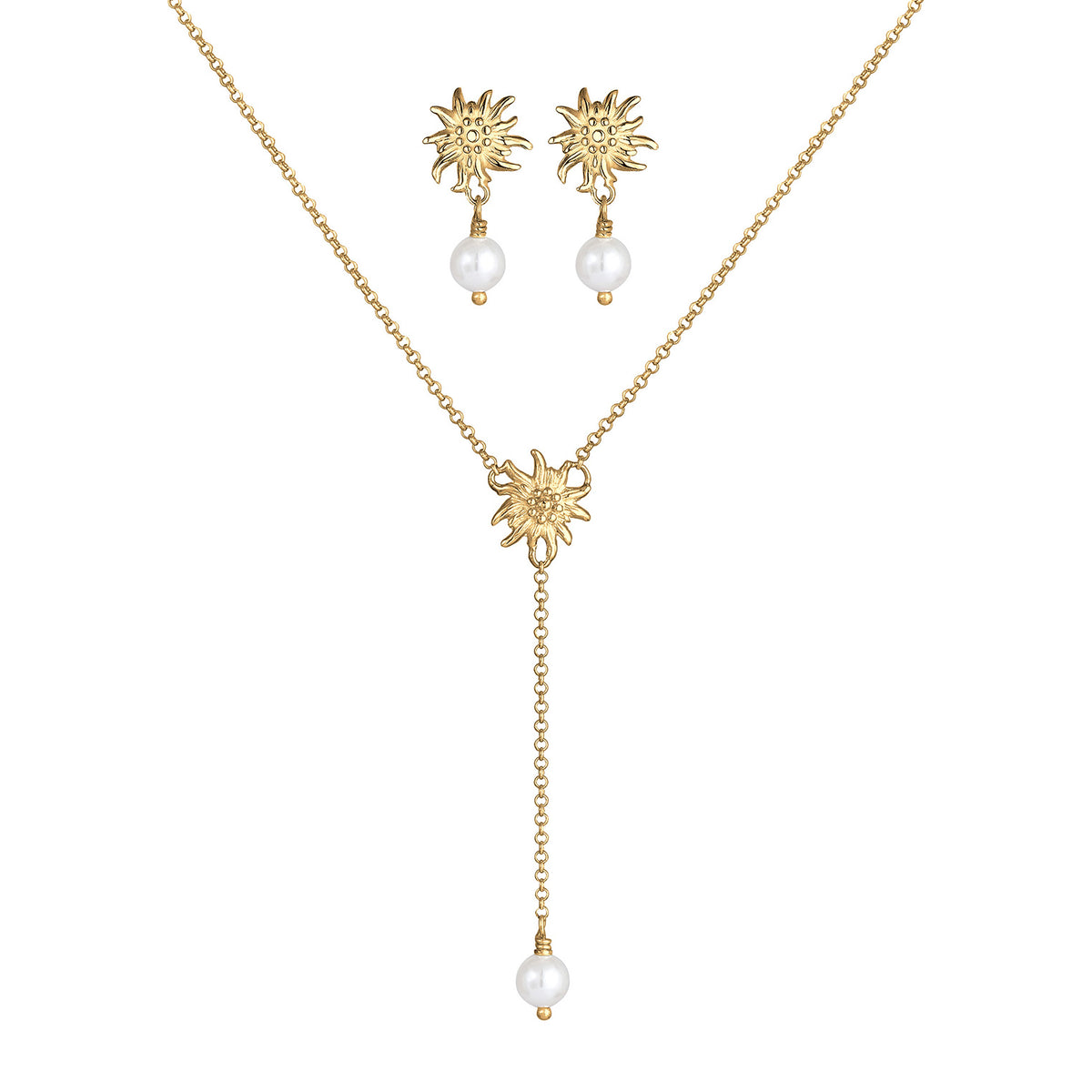 Gold - Elli | Schmuckset Edelweiss |  Muschelkernperlen | 925 Sterling Silber vergoldet