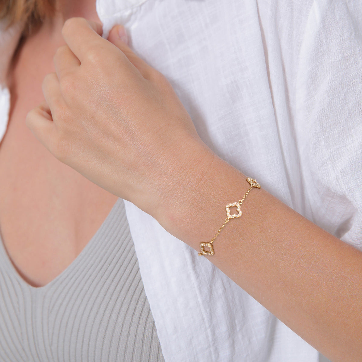 Gold - Elli | Armband Kleeblatt | Zirkonia (Weiß) | 925er Sterling Silber