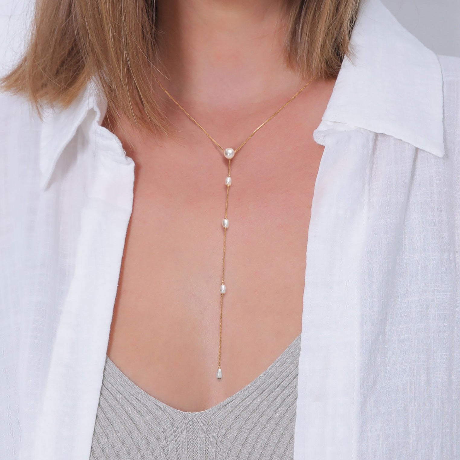Gold - Elli PREMIUM | Y-Halskette | Süßwasserzuchtperlen | 925 Sterling Silber vergoldet