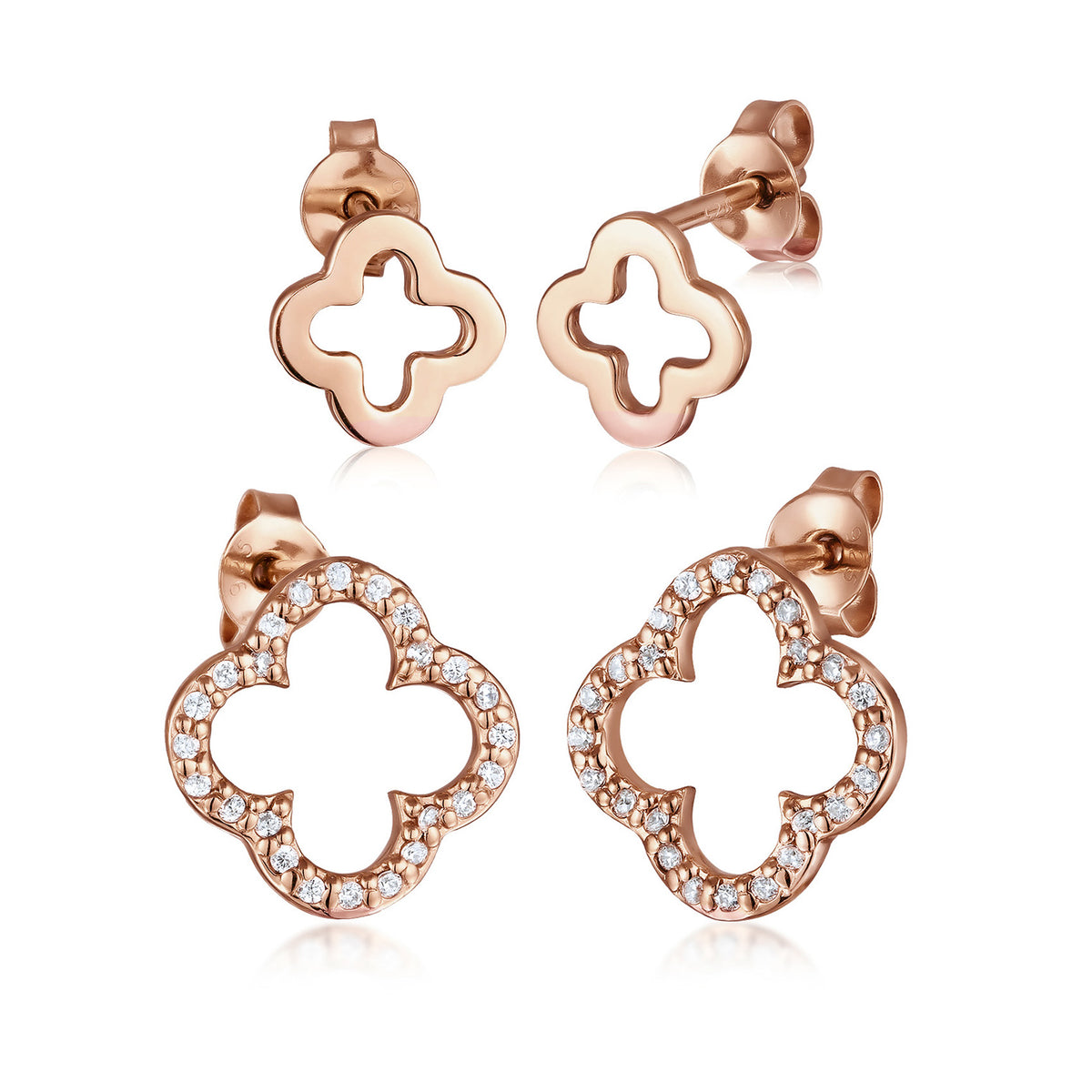 Roségold - Elli | Ohrstecker Set Kleeblatt | Zirkonia (Weiß) | 925 Sterling Silber Rosévergoldet