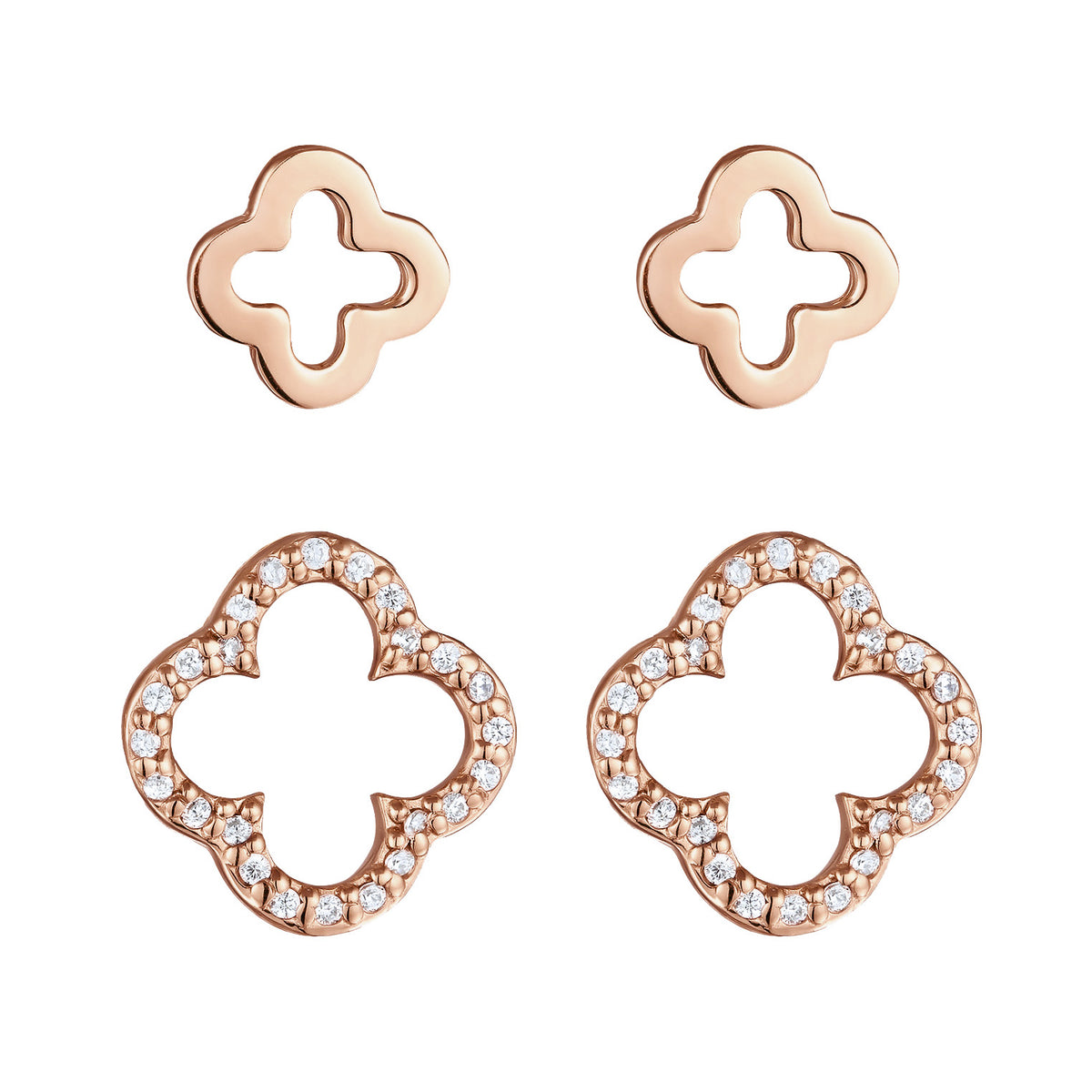 Roségold - Elli | Ohrstecker Set Kleeblatt | Zirkonia (Weiß) | 925 Sterling Silber Rosévergoldet