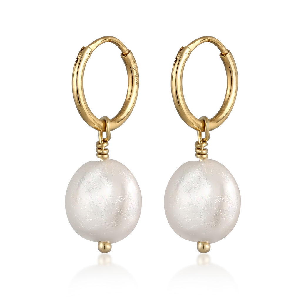 Gold - Elli | Creolen Anhänger | Muschelkernperle (Weiß) | 925 Sterling Silber vergoldet