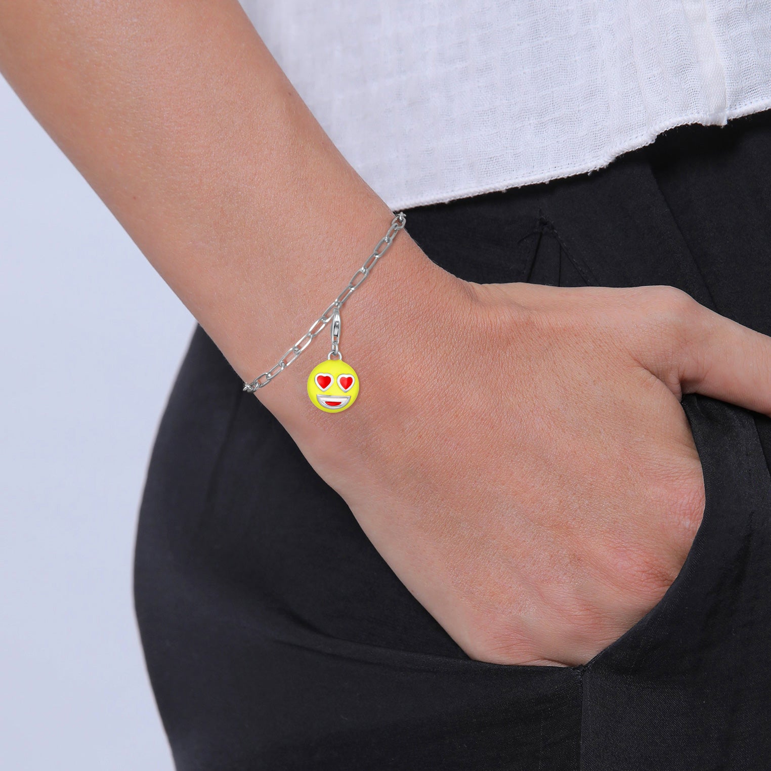 Silber - Elli | Charm Emoji Smiling Face Herzen | Emaille (Gelb) | 925 Sterling Silber