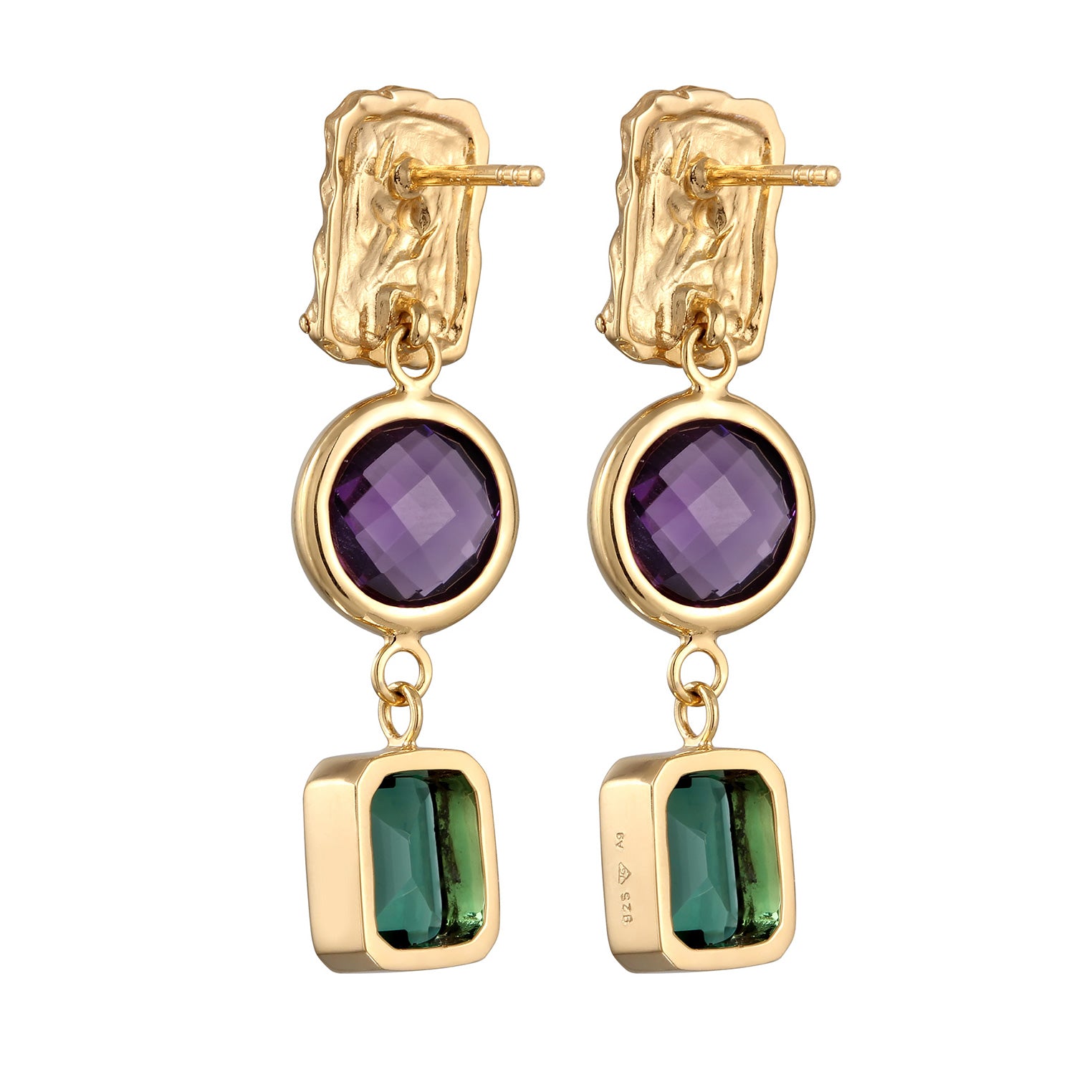 Gold - Elli PREMIUM | Ohrstecker Organic | Amethyst & Quarz | 925 Sterling Silber vergoldet