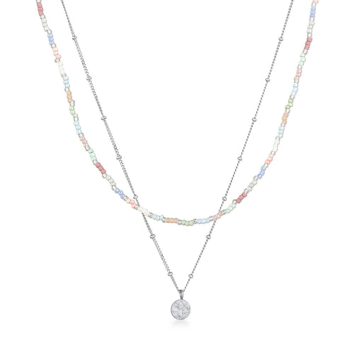 Silber - Elli | Layer-Halskette Plättchen Anhänger | Glas Perlen (Pastell) | 925 Sterling Silber