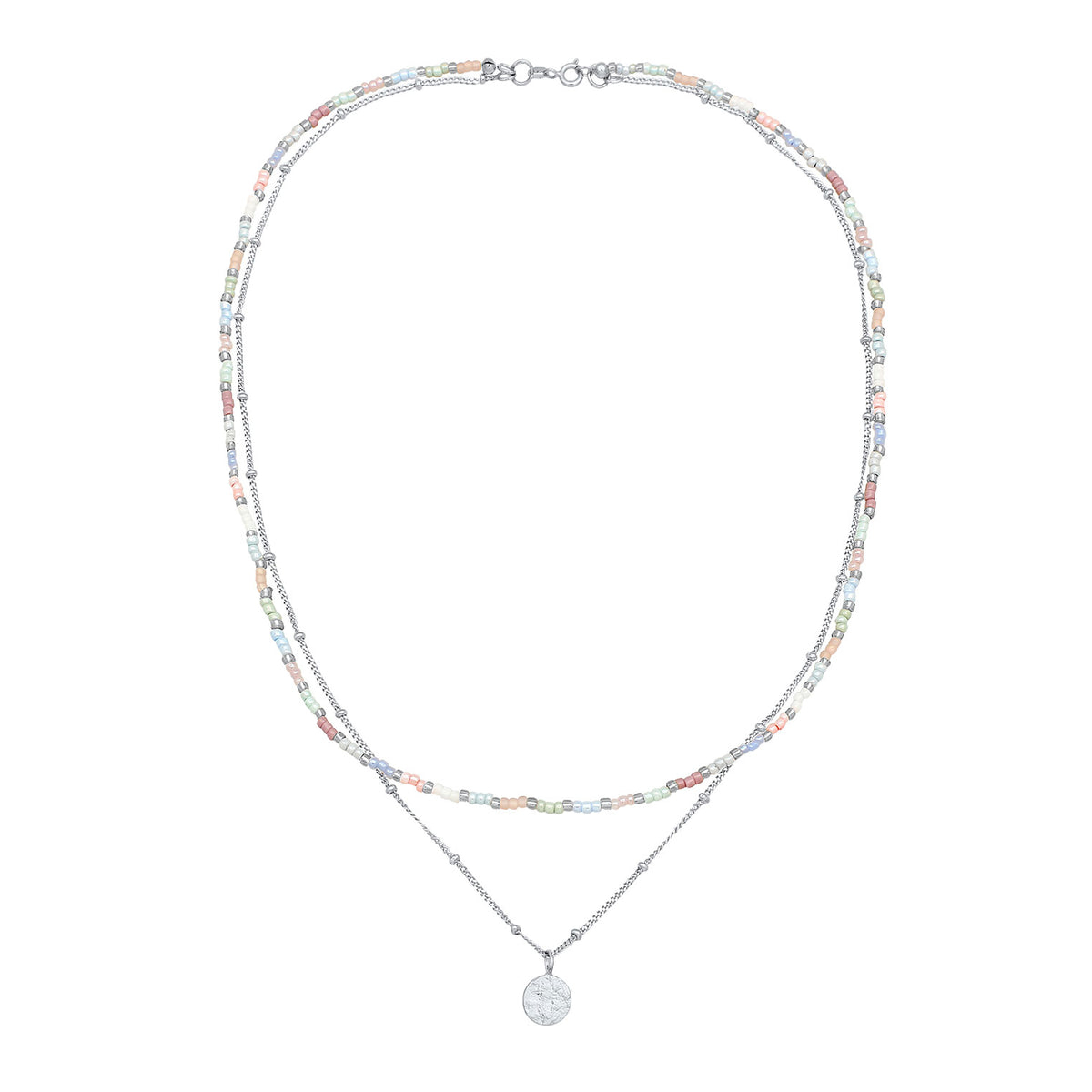Silber - Elli | Layer-Halskette Plättchen Anhänger | Glas Perlen (Pastell) | 925 Sterling Silber
