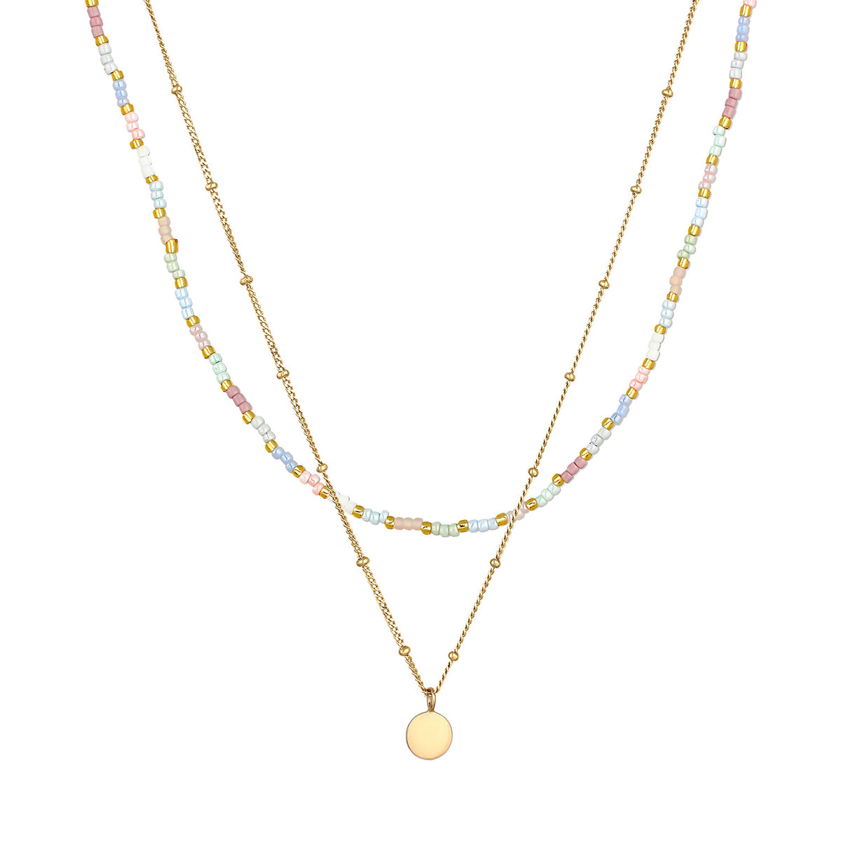 Gold - Elli | Layer-Halskette Plättchen Anhänger | Glas Perlen (Pastell) | 925 Sterling Silber vergoldet