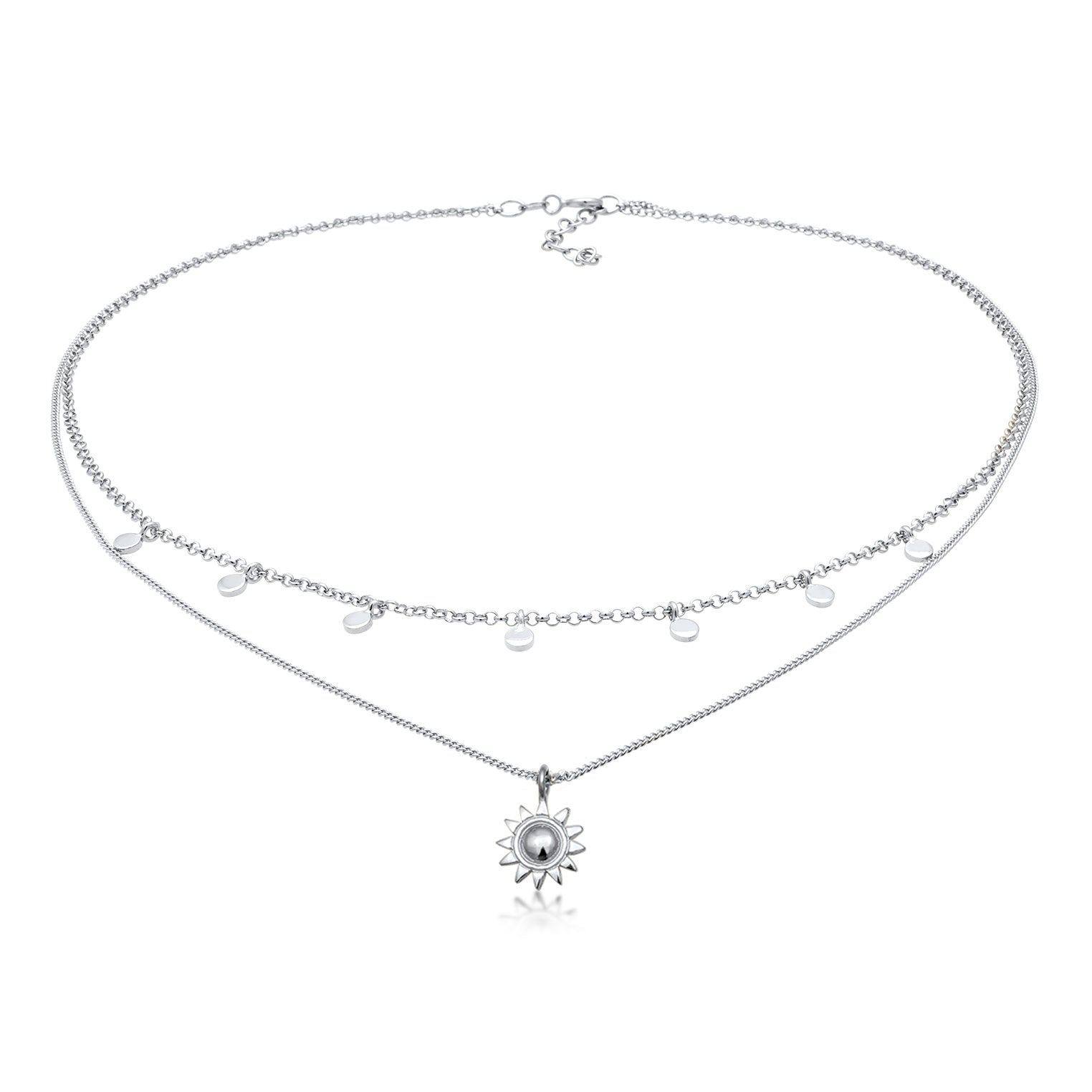 Silber - Elli | Layer-Kette Sonnen Anhänger | 925 Sterling Silber