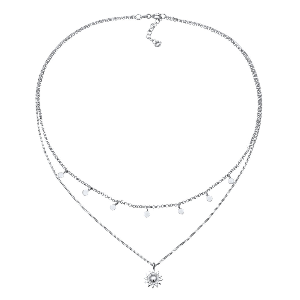 Silber - Elli | Layer-Kette Sonnen Anhänger | 925 Sterling Silber