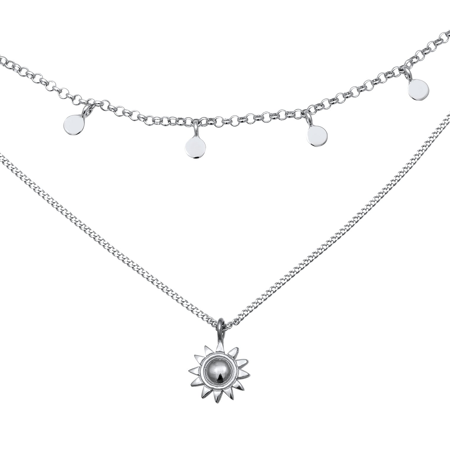 Silber - Elli | Layer-Kette Sonnen Anhänger | 925 Sterling Silber