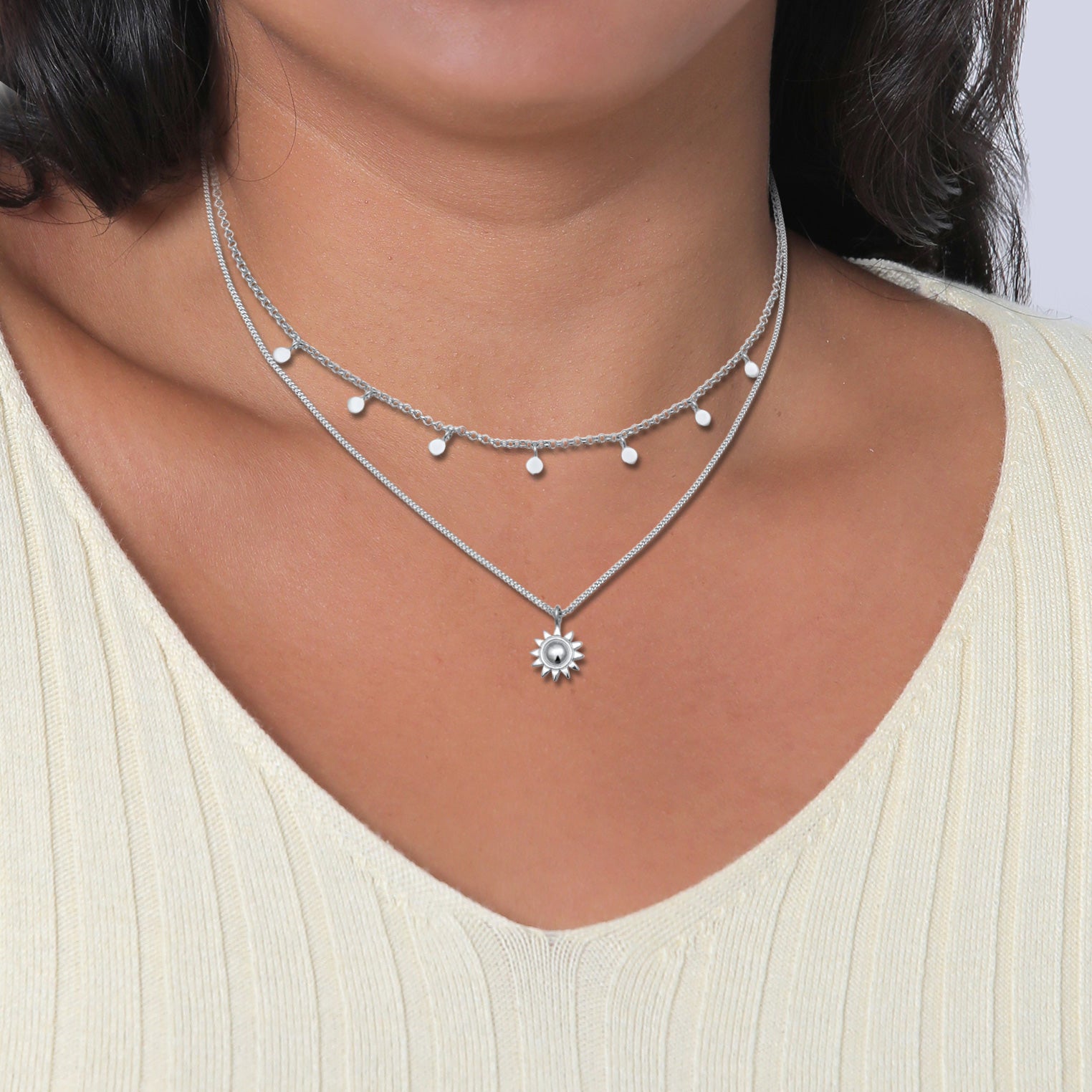 Silber - Elli | Layer-Kette Sonnen Anhänger | 925 Sterling Silber