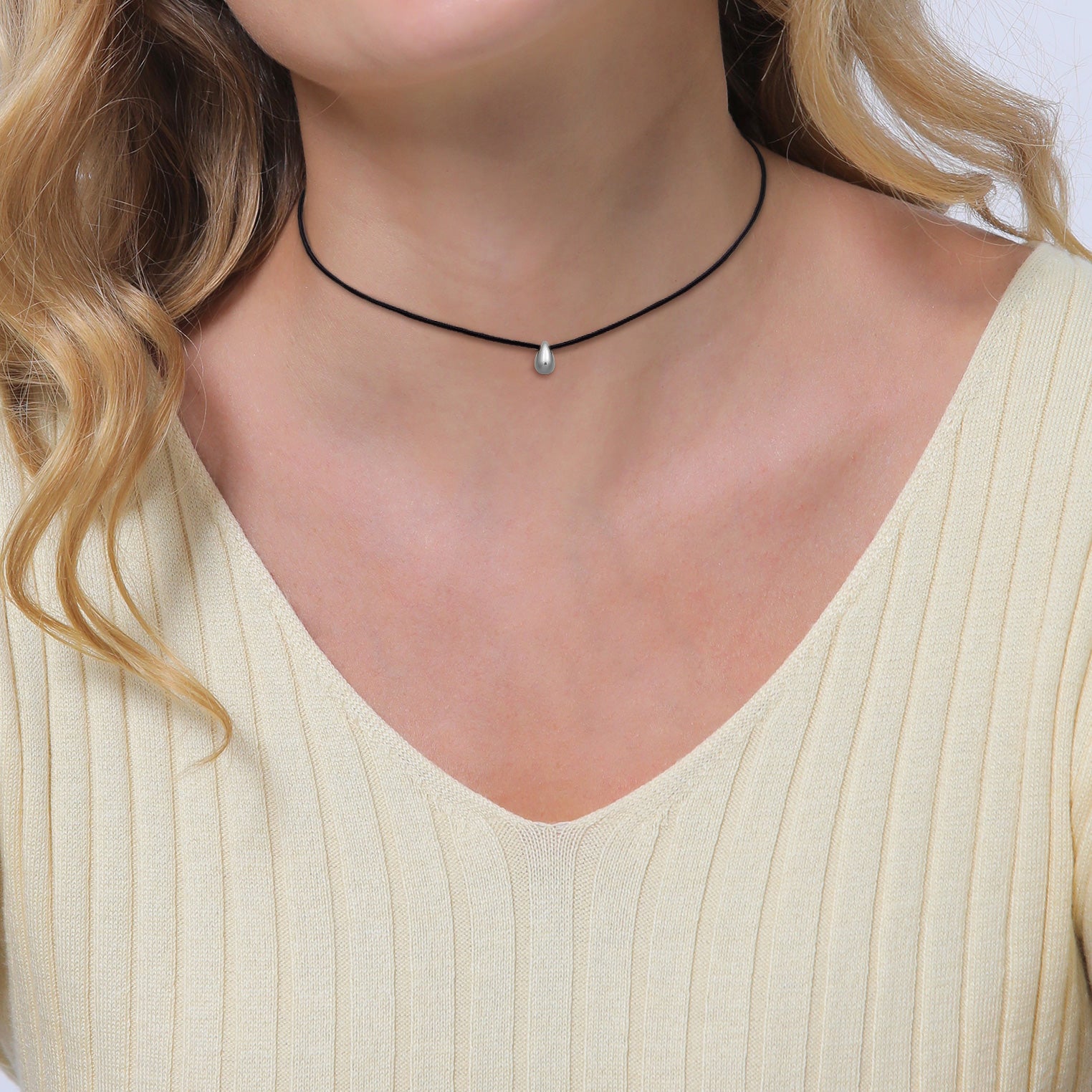 Silber - Elli | Choker Tropfenanhänger | Nylon (Schwarz) | 925 Sterling Silber