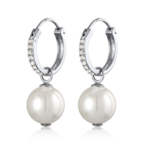 Silber - Elli | Creolen Funklend | Muschelkernperle & Kristalle (Weiß) | 925er Sterling Silber