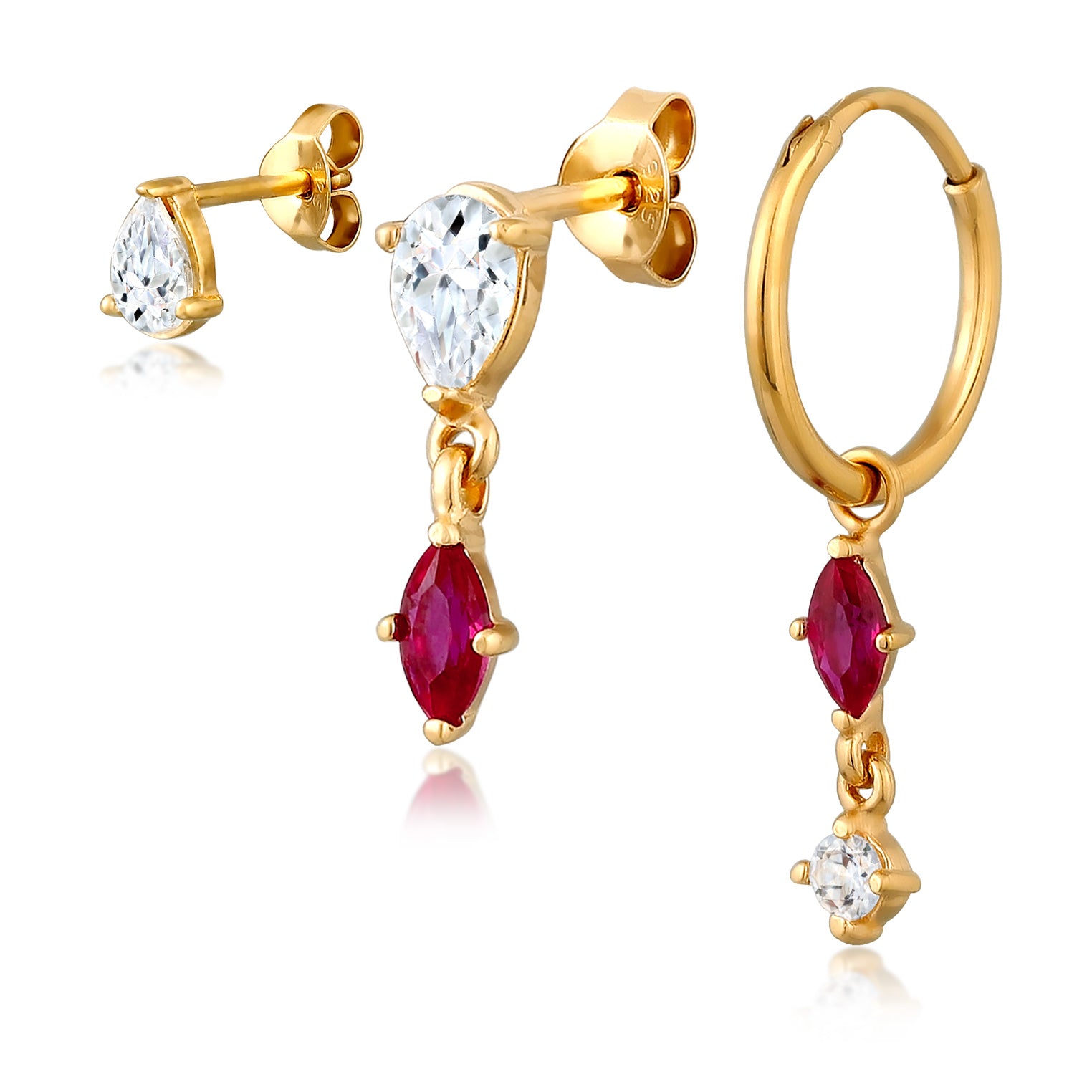 Gold - Elli | Ohrring Set | Rubin (Rot) & Topas (Weiß) | 925 Sterling Silber vergoldet