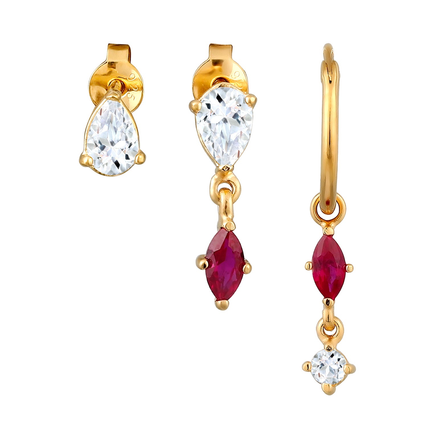 Gold - Elli | Ohrring Set | Rubin (Rot) & Topas (Weiß) | 925 Sterling Silber vergoldet