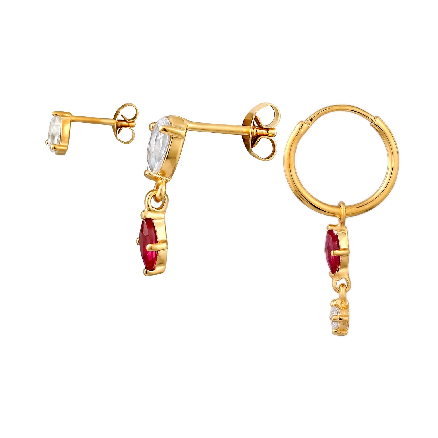 Gold - Elli | Ohrring Set | Rubin (Rot) & Topas (Weiß) | 925 Sterling Silber vergoldet