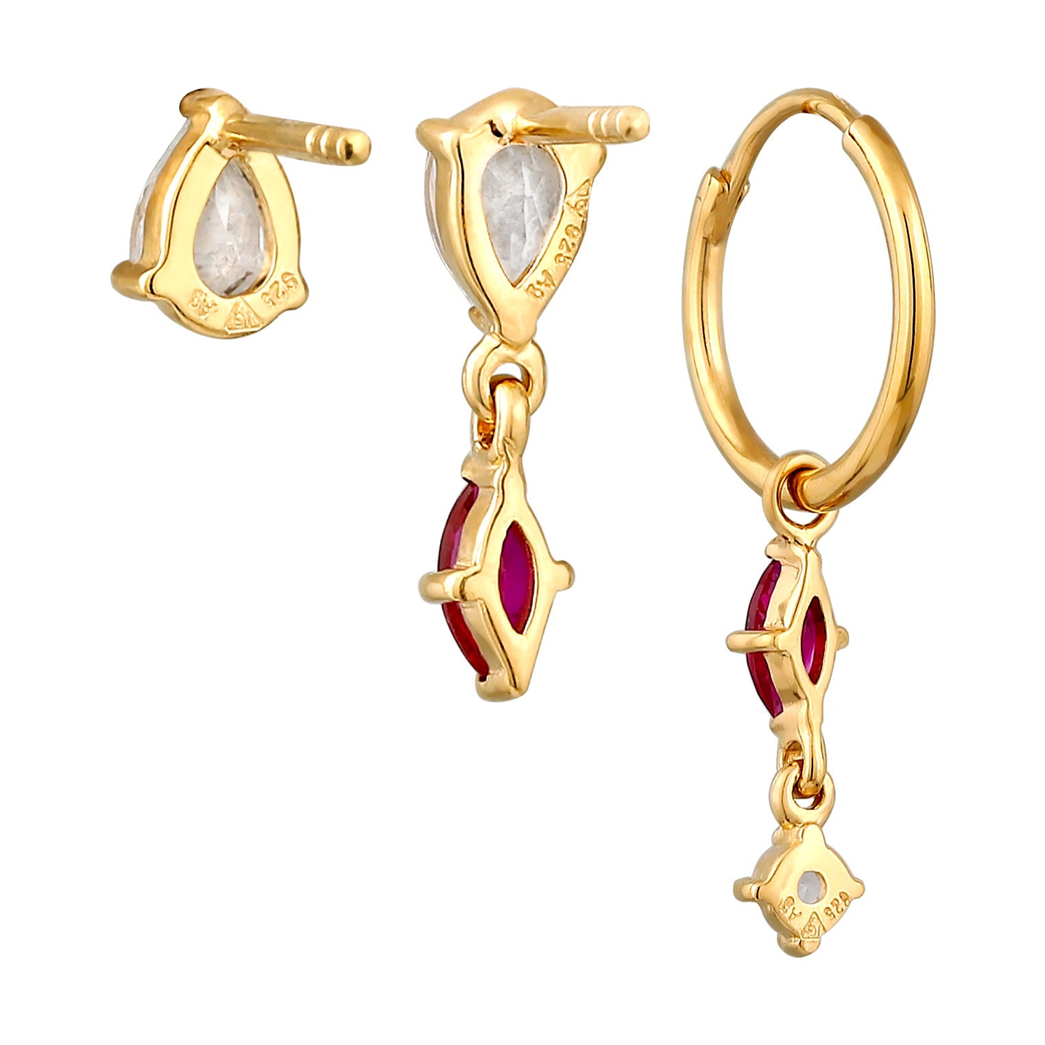 Gold - Elli | Ohrring Set | Rubin (Rot) & Topas (Weiß) | 925 Sterling Silber vergoldet